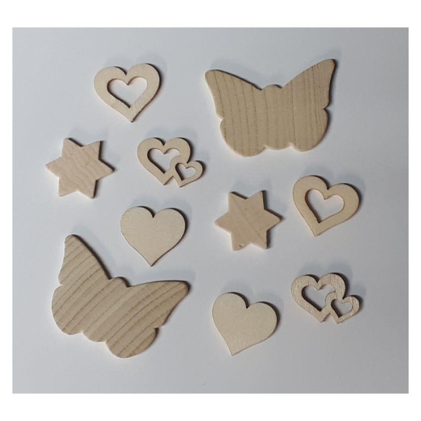 SURT 10 SILUETAS MADERA CORAZONES/MARIPOSAS